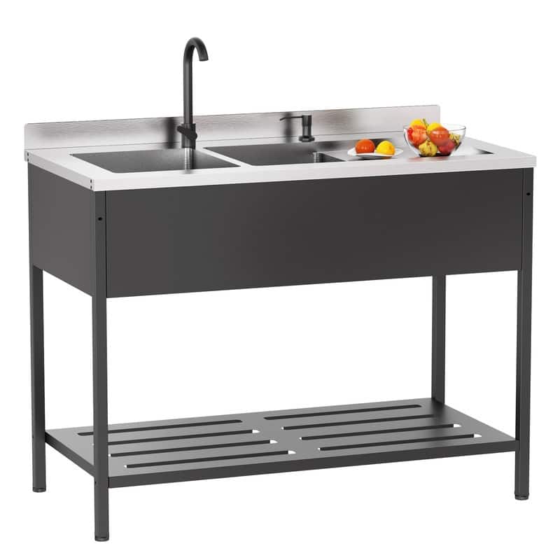 47.5 In.Heavy-Duty Freestanding Stainless Steel Double Bowl Utility Sink With Faucet - Silver