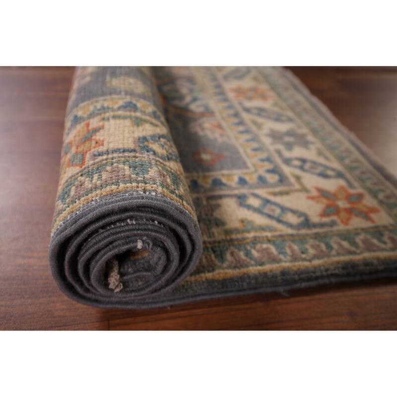 Gray Geometric Kazak Accent Rug Hand-Knotted Foyer Wool Carpet - 2'8" x 4'1"