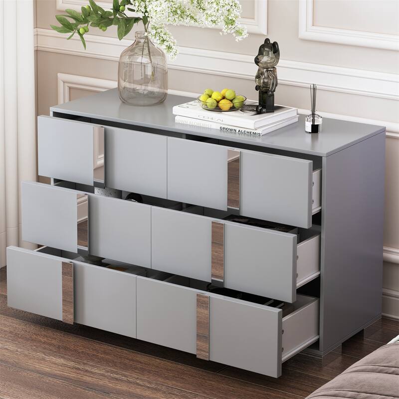 Modern Dresser with Metal Foot, Mirrored Storage Cabinet with 6 Drawers - Grey