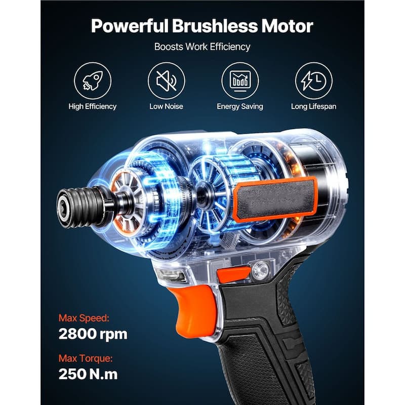 Black Brushless Cordless Impact Driver 20V with Dual Batteries, LED Light and 2-Speed - 11.2 x 5.1 x 12 in