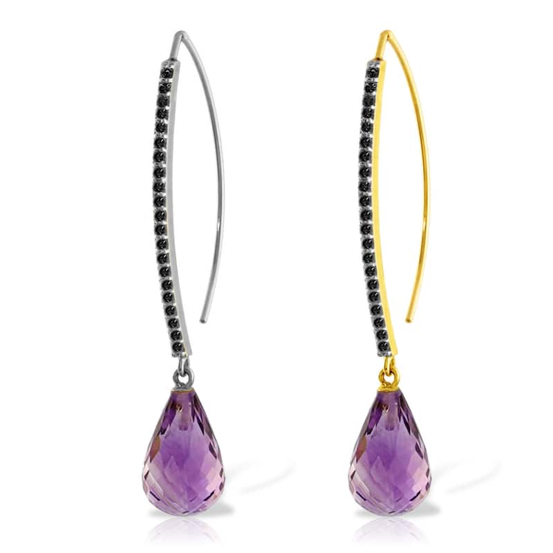 14K Solid Gold Diamonds Hook Earrings w/ Dangling Briolette Amethysts
