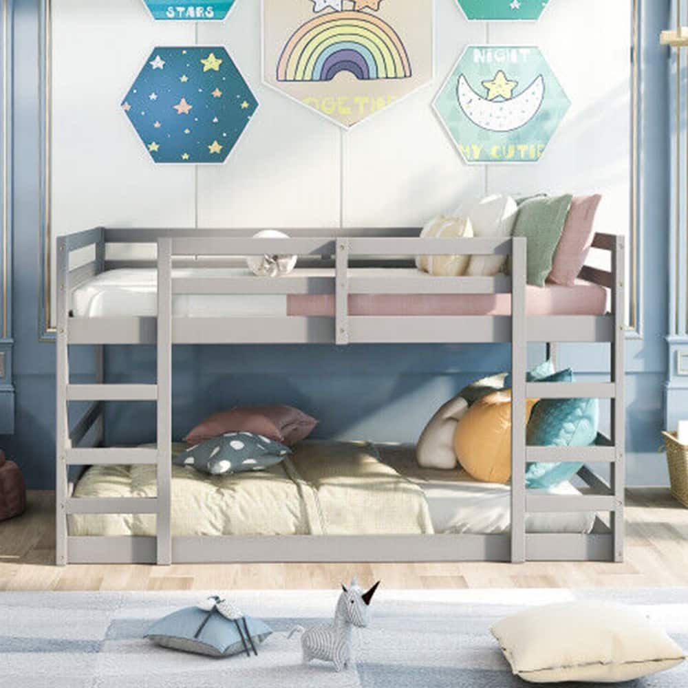 Twin Size Floor Bunk Bed Wooden Platform Bed Frames Bedroom Sets Gray
