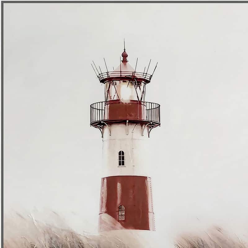 39 x 59 Hand Painted Lighthouse Atop Grassy Beach, Resin Frame, Multicolor - Brown, Red, White