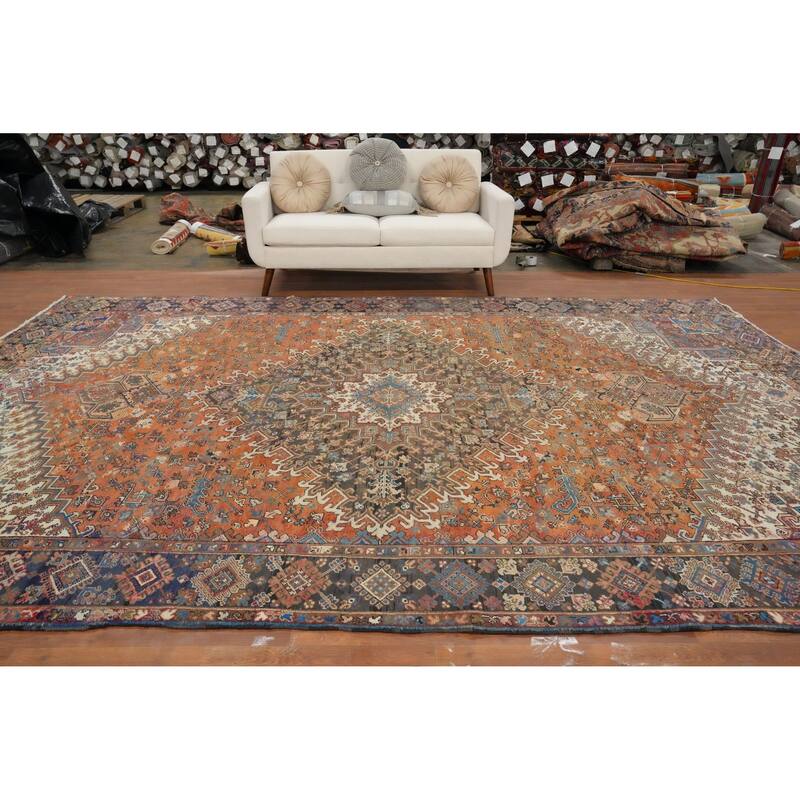 Hand Knotted Oriental 100% Wool Carpet Traditional Medallion Oranges & Rust Heriz Area Rug - 13' 7'' X 9' 4''