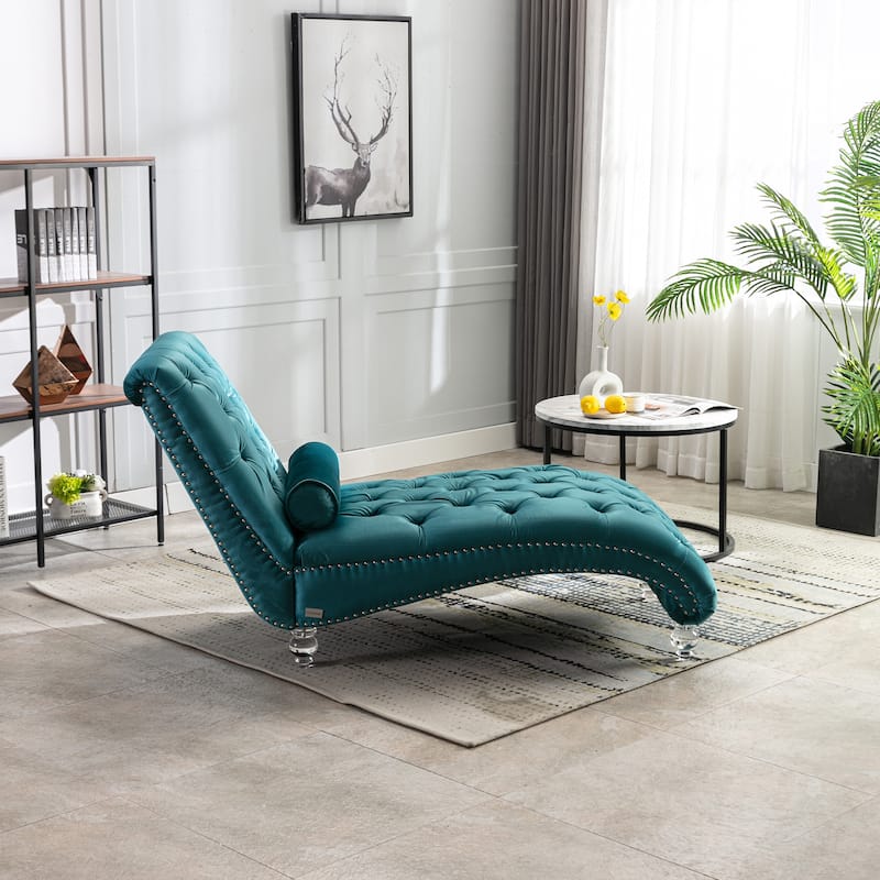 Teal Modern 63.98" Upholstered Buttons Tufted Chaise Lounge Chair with Pillow and Acrylic Legs