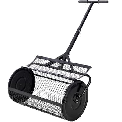 24" Black Peat Moss Spreader, Metal Mesh T-Handle for Lawn and Garden