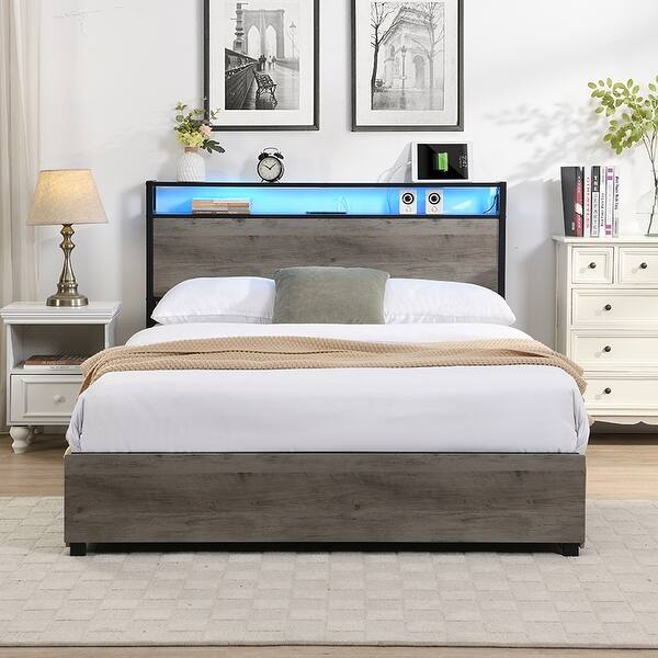 slide 2 of 9, Full Bed Frame, Storage Headboard with Charging Station Antique Grey