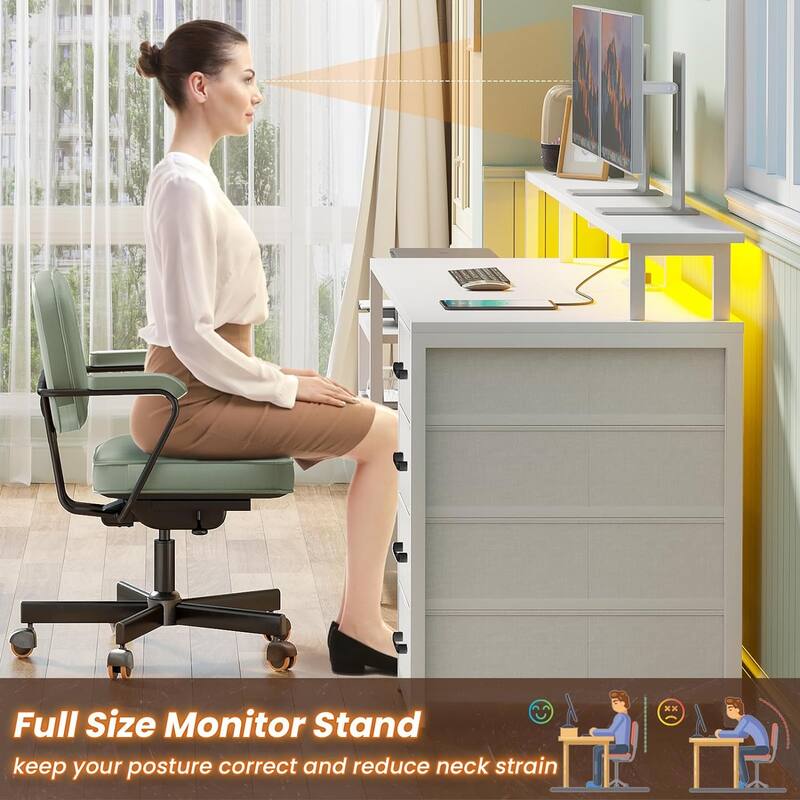 Home Computer Desk File Drawer & Power Outlet 5 Drawer Monitor Shelf