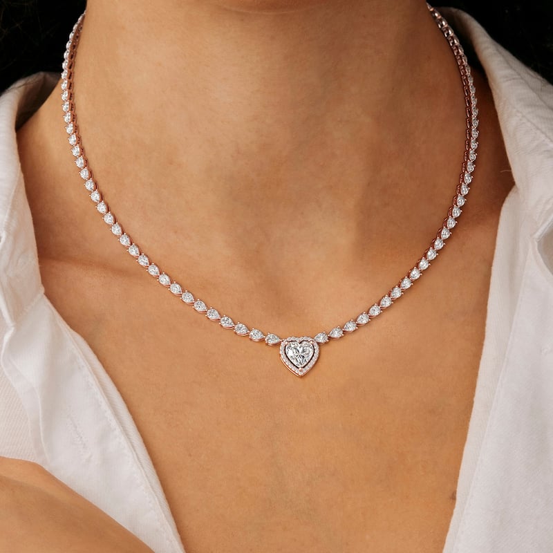 14K Gold Lab Grown Diamond Pear Cut Diamond Tennis Necklace & Halo Heart Pendant