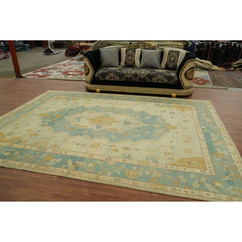 Vegetable Dye Blue Oushak Turkish Area Rug, Floral Geometric Carpet - 11' 10'' X 9' 0''
