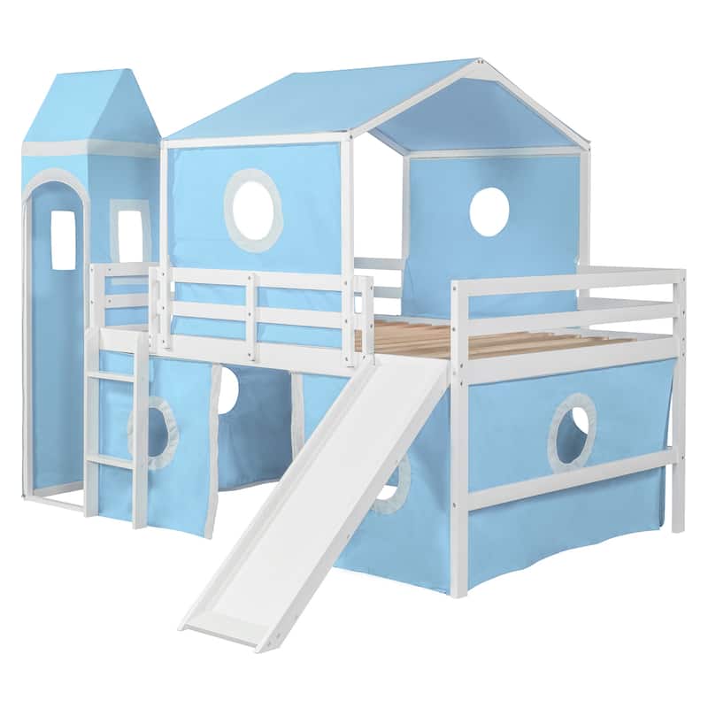 Full/Twin Size Loft Bed with Slide, Pink Tent, Tower, Playhouse Design - Sturdy Solid Wood Construction, Storage Space