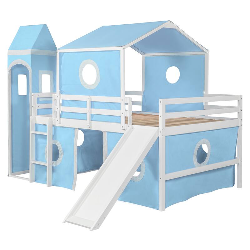 Roomfitters Full Size Loft Bed with Slide, Tent and Tower, Blue
