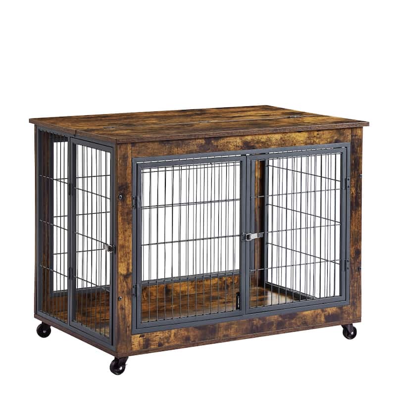 Wooden Dog Cage Crate Dog House with Double Doors on Casters