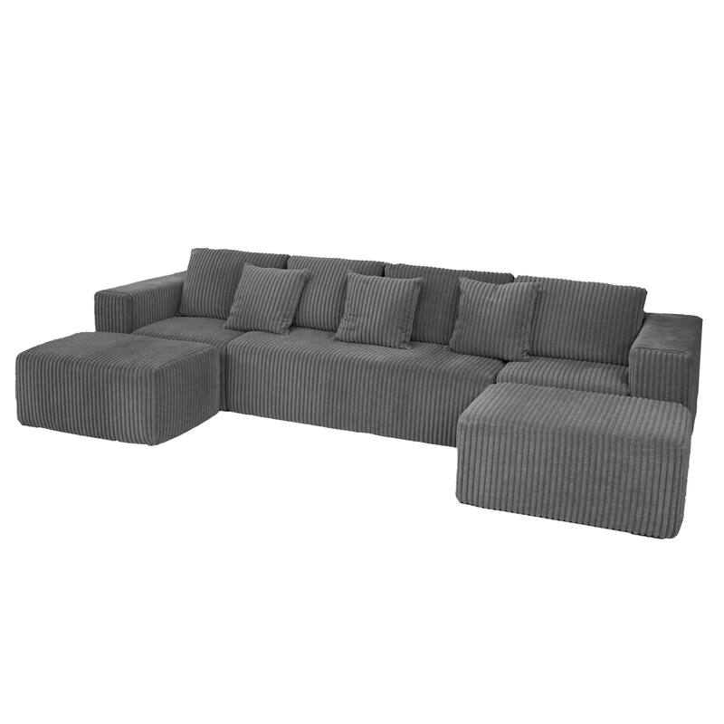 132-inch 4-Seater with Reversible Chaise Lounge Gray Striped Corduroy Fabric