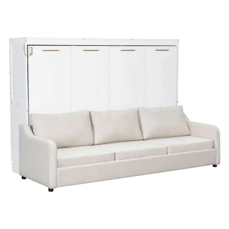 Full Size Murphy Cabinet Bed with Folding Sofa, Built-in Storage, LED Light, Beige
