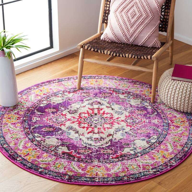 SAFAVIEH Monaco Oceane Boho Medallion Distressed Area Rug - 5' Round - Violet/Fuchsia