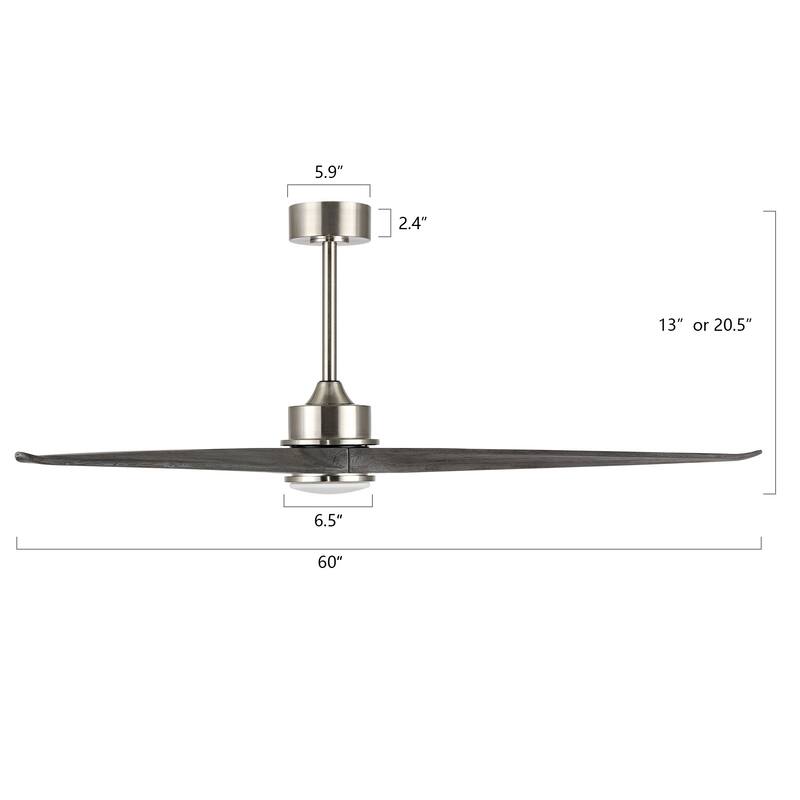 60" Solid Wood 3-Blade LED Ceiling Fan with Light Kit and Remote Control