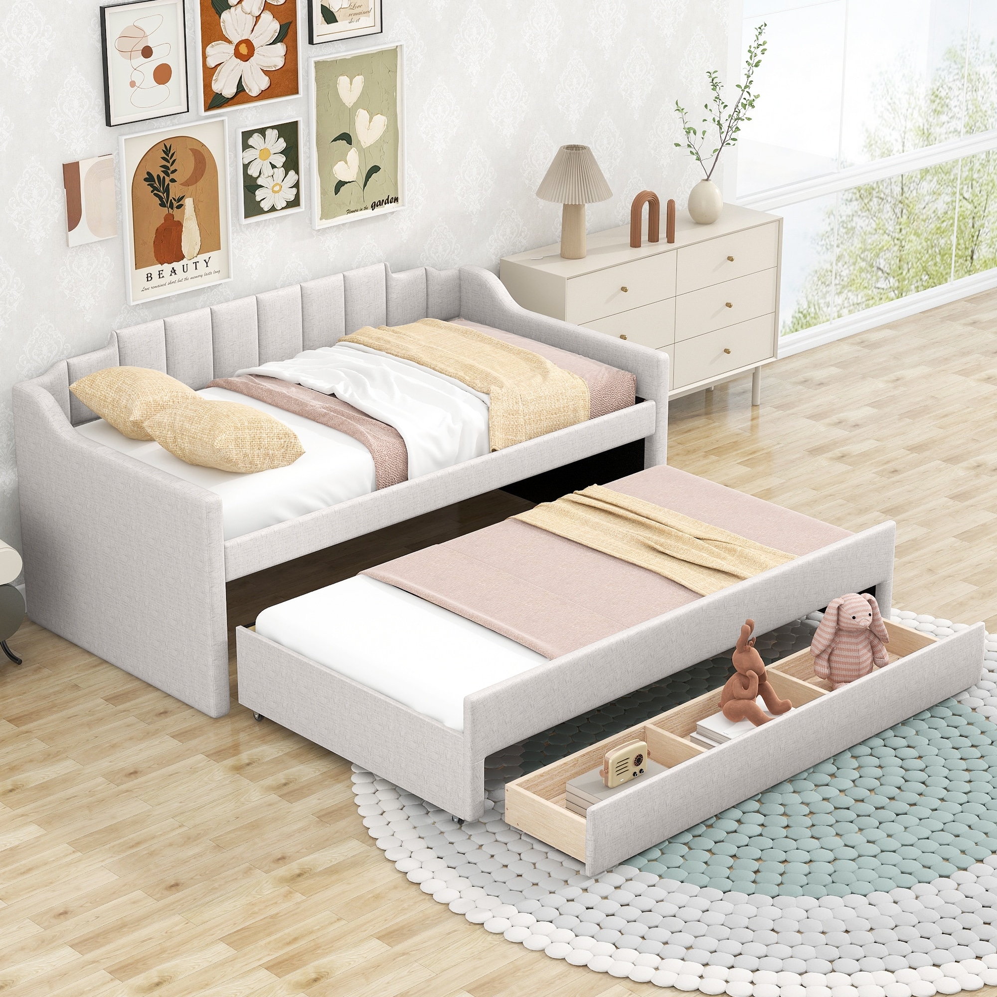 Twin Size Linen Upholstered Daybed with Trundle Bed and Three Storage Drawers