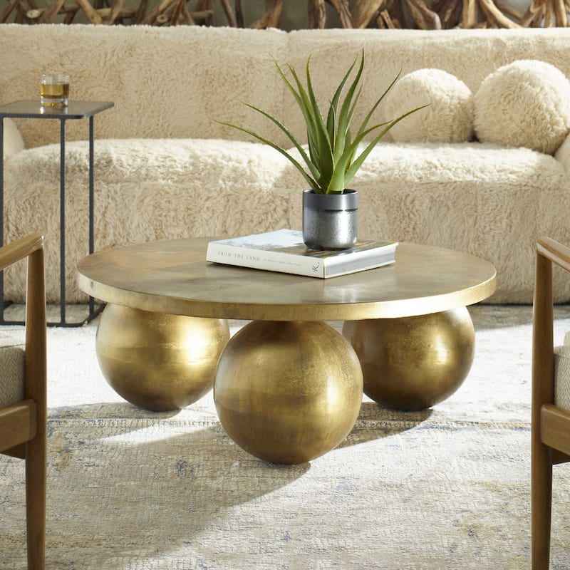 Triplet Sphere Base Round Coffee Accent Table - 38" - Antique Brass Finish