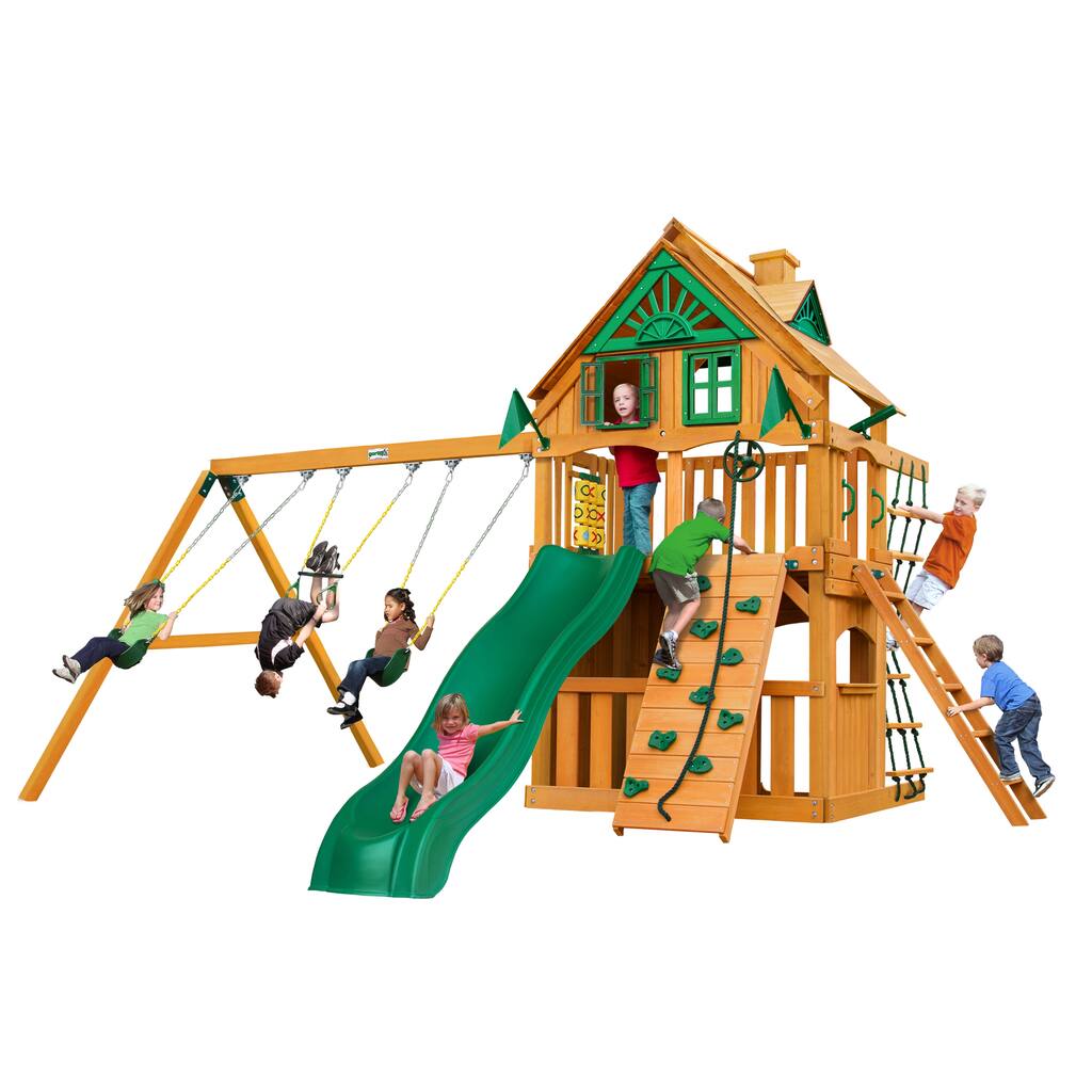 Gorilla Playsets Chateau Clubhouse Treehouse Wood Swing Set with Rock Wall and Alpine Wave Slide