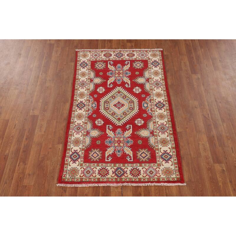Geometric Red Kazak Accent Rug Handmade Wool Carpet - 3'2" x 5'1"