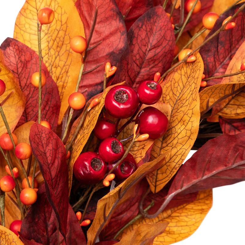 Berries with Leaves Artificial Fall Harvest Twig Wreath, 24", Unlit