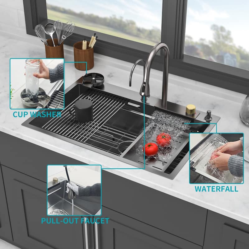 33 in. Drop-in Single Bowl 16 Gauge Gunmetal Black Stainless Steel Kitchen Sink Basin - 33" x 22" x 10"
