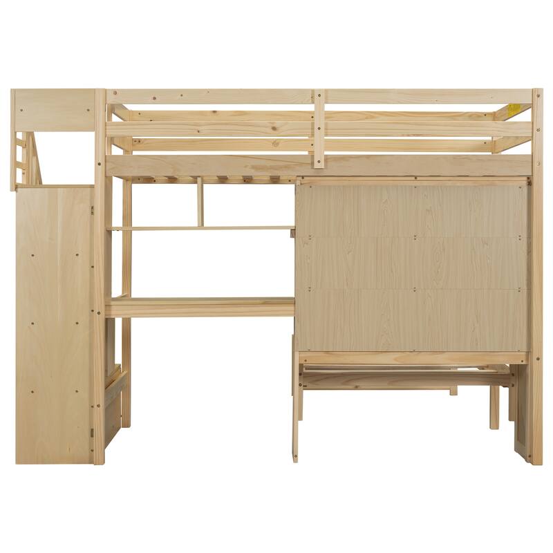 Twin over Twin Loft Bed with Built-in Desk, Staircase & Storage, Natural Pine Wood & MDF