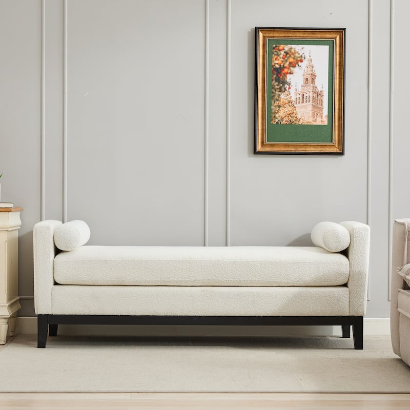 66.34" Fabric Upholstered Bench with 2 Bolster Pillows, Long End of Bed Ottoman with Wood Legs for Bedroom, Entryway