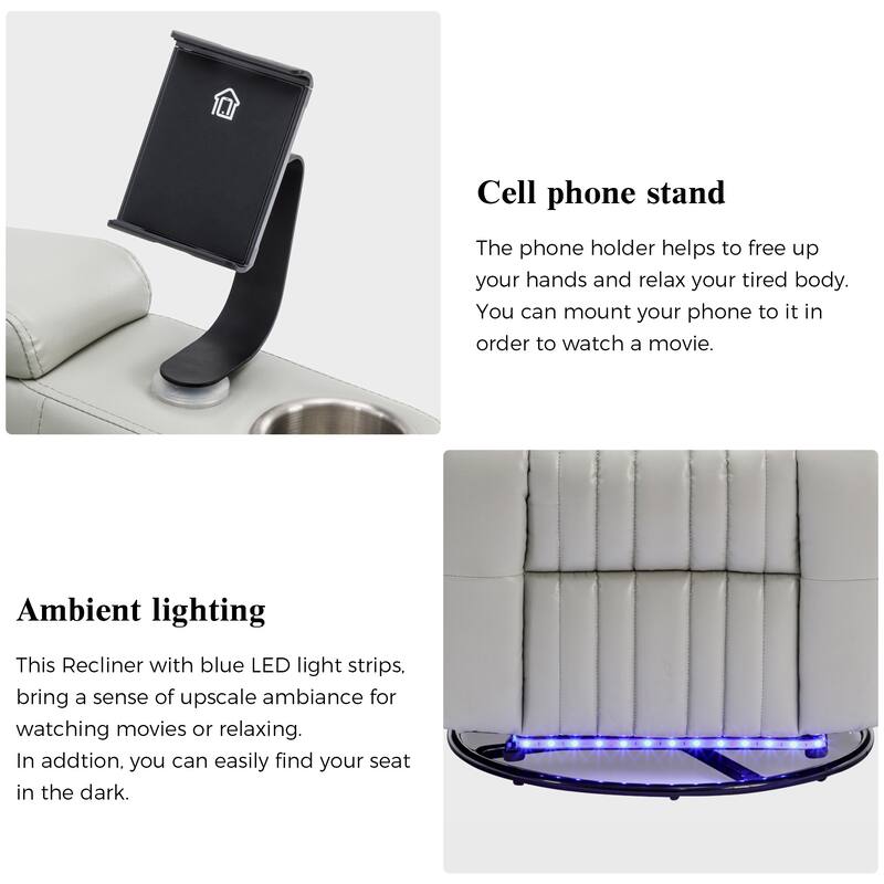 270° Power Swivel Recliner,Home Theater Seating With Hidden Arm Storage and LED Light Strip,Cup Holder