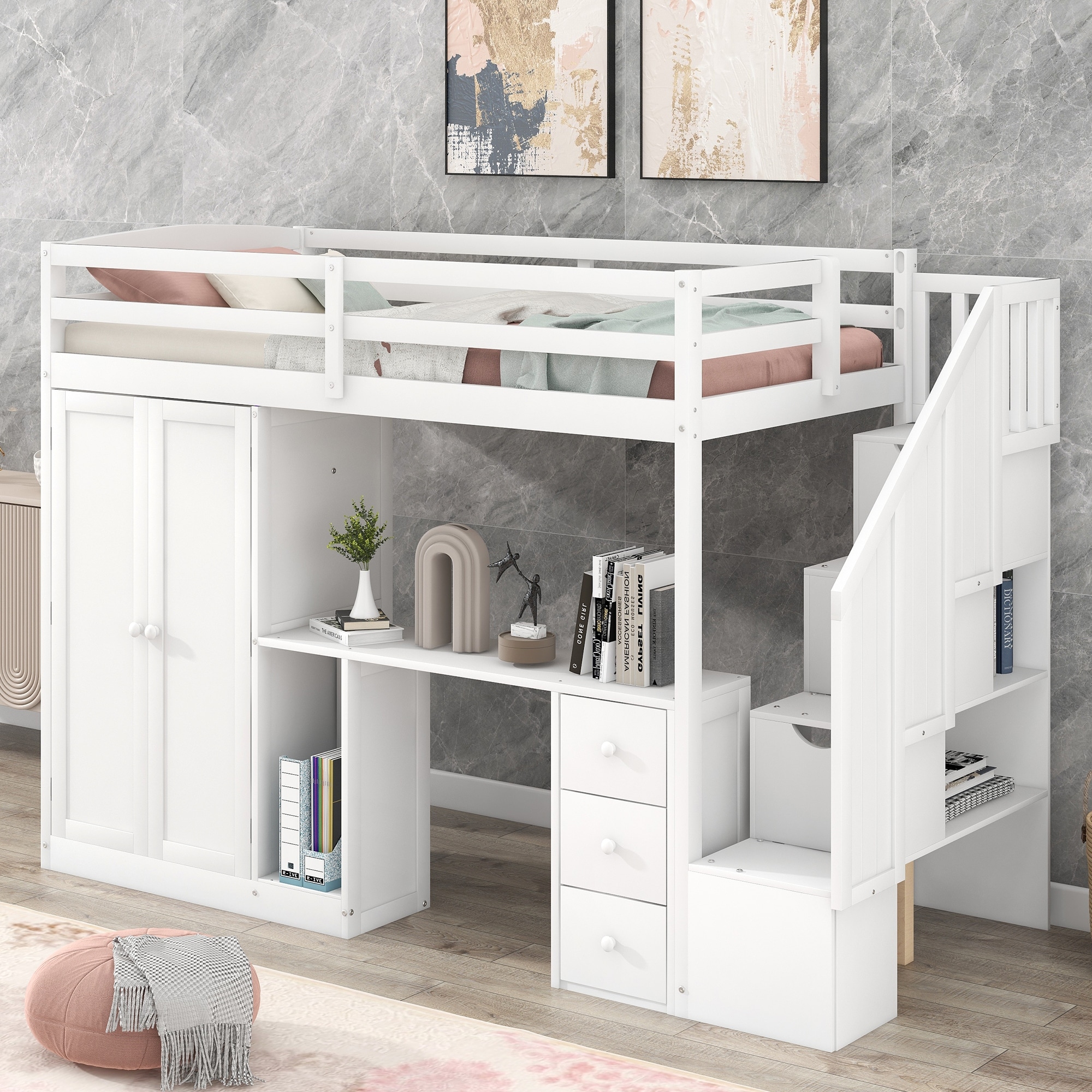 Twin Loft Bed with Wardrobe and Staircase Solid Wood Loft Bed