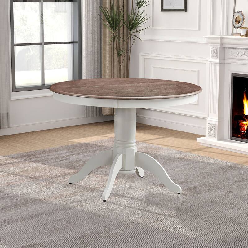 (1 Table with 4 Chairs)Wooden Dining Table Set for 4 Persons, Modern Design Round Kitchen Table with Curved Trestle Legs