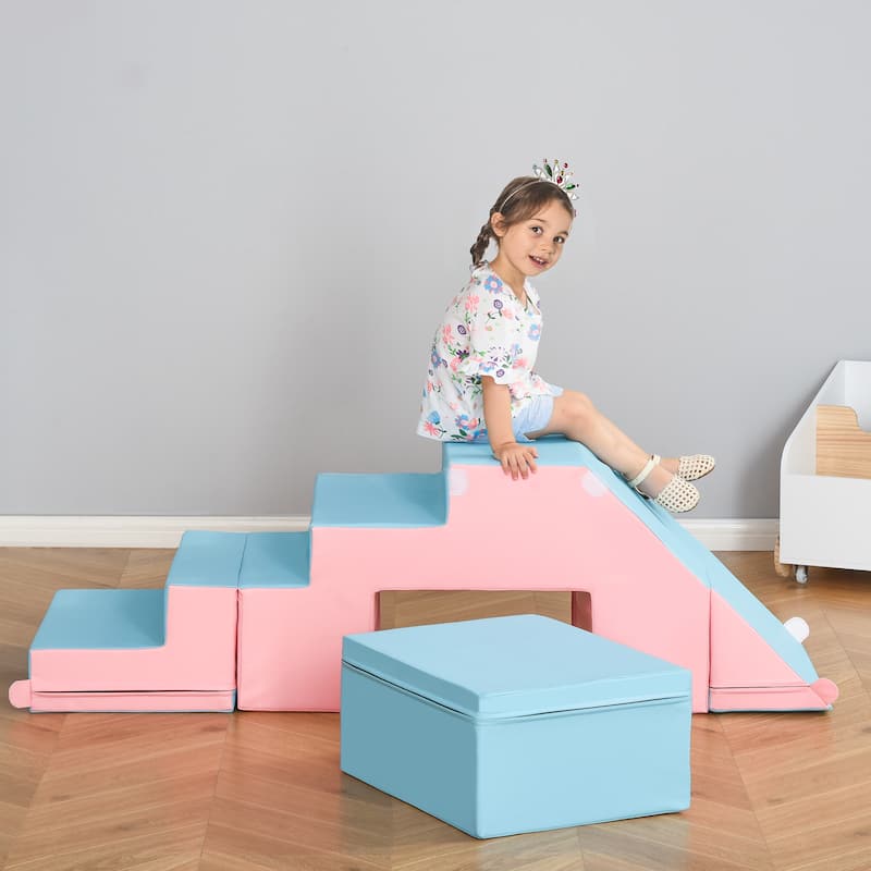 2-in-1 Kids Soft Play Set for Toddlers Ages 1-3 Climbing Crawling Sliding Table Chair PU Foam Pink Blue - N/A - Pink-Blue
