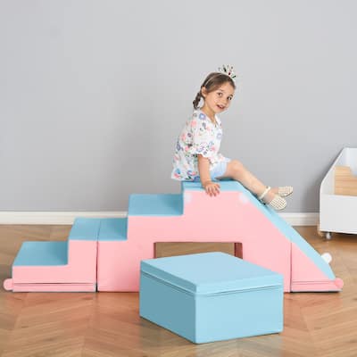 2-in-1 Kids Soft Play Set for Toddlers Ages 1-3 Climbing Crawling Sliding Table Chair PU Foam Pink Blue - N/A