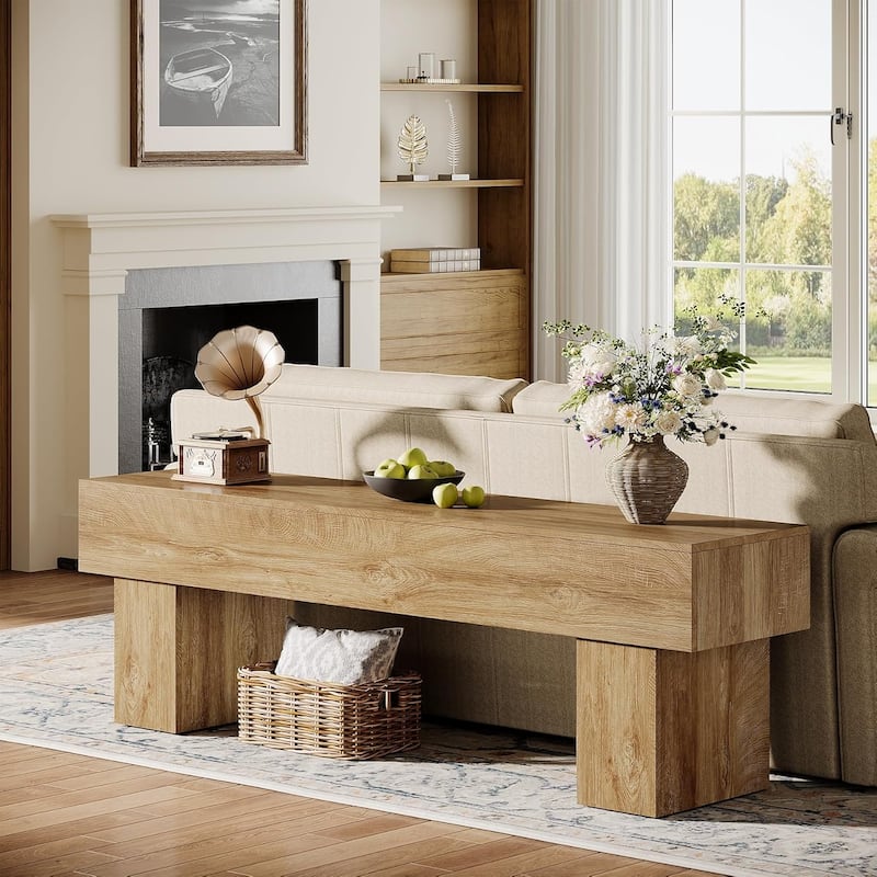 63“ Extra Long Dining Bench, Farmhouse Wooden Entryway Bench for Bedroom, Hallway, Light Brown