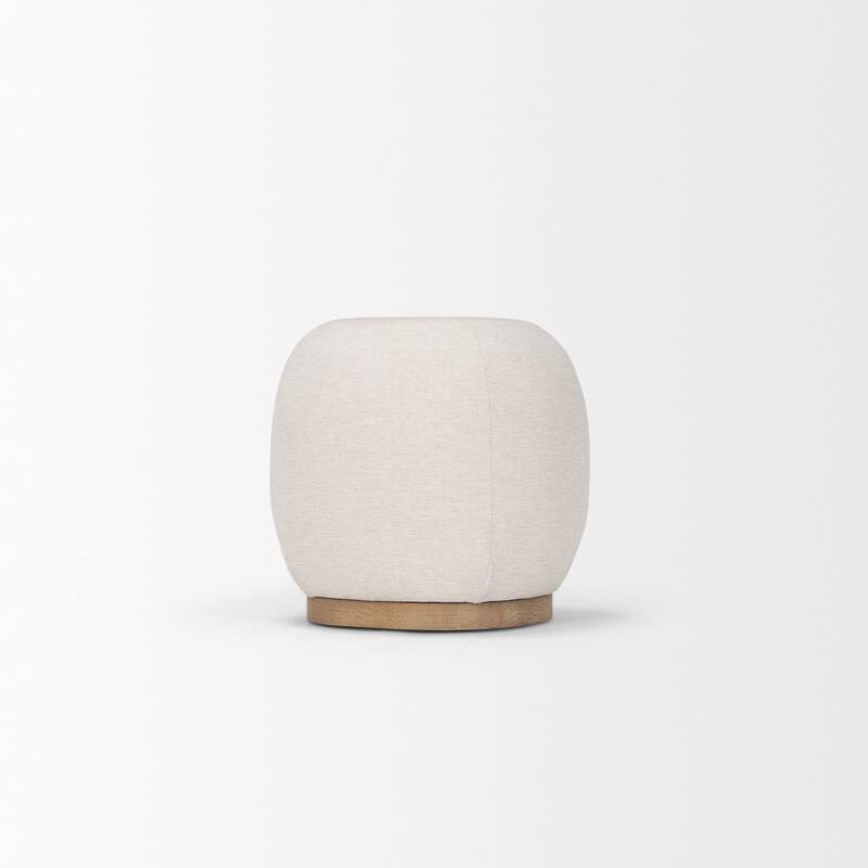 Siren Cream Fabric w/ Light Brown Wood Round Pouf