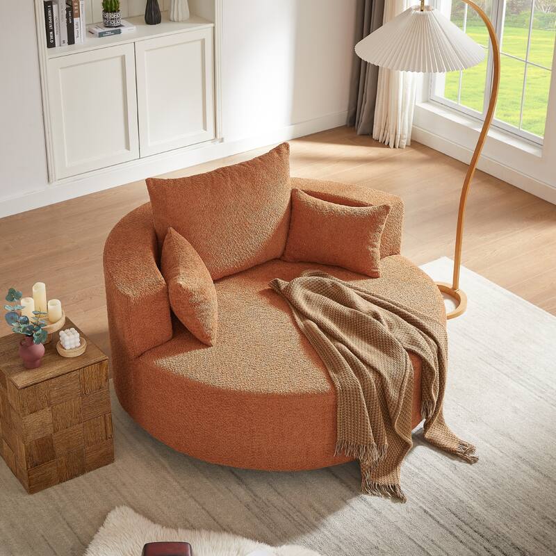 360° Swivel Accent Chair, Oversized Chenille Upholstered Round Barrel Chair, Lounge Reading Chair with 3 Removable Pillows