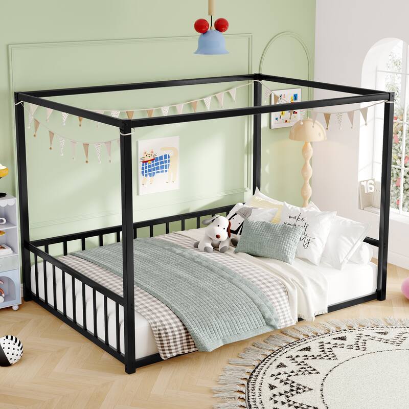Queen Size Modern Floor Bed Frame with Canopy Structure and Full Guardrails, Low-Profile Metal Platform Bed