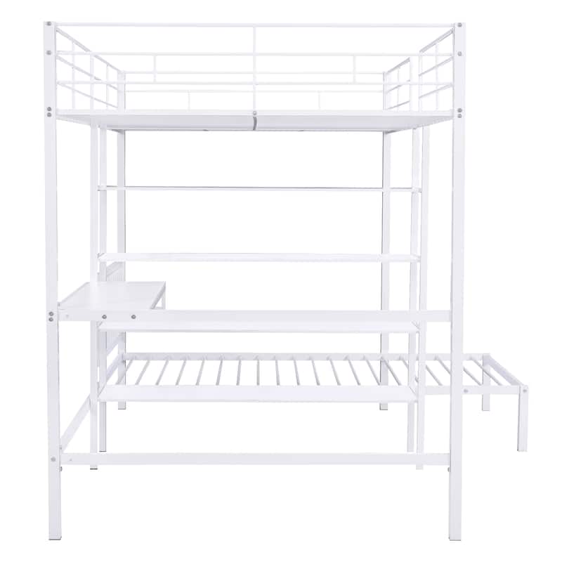 Full Over Twin Bunk Bed with Built-in Desk & Ladder, Space-Saving Metal Bunk Bed Frame w/Storage Shelves for Kids Teens Bedroom