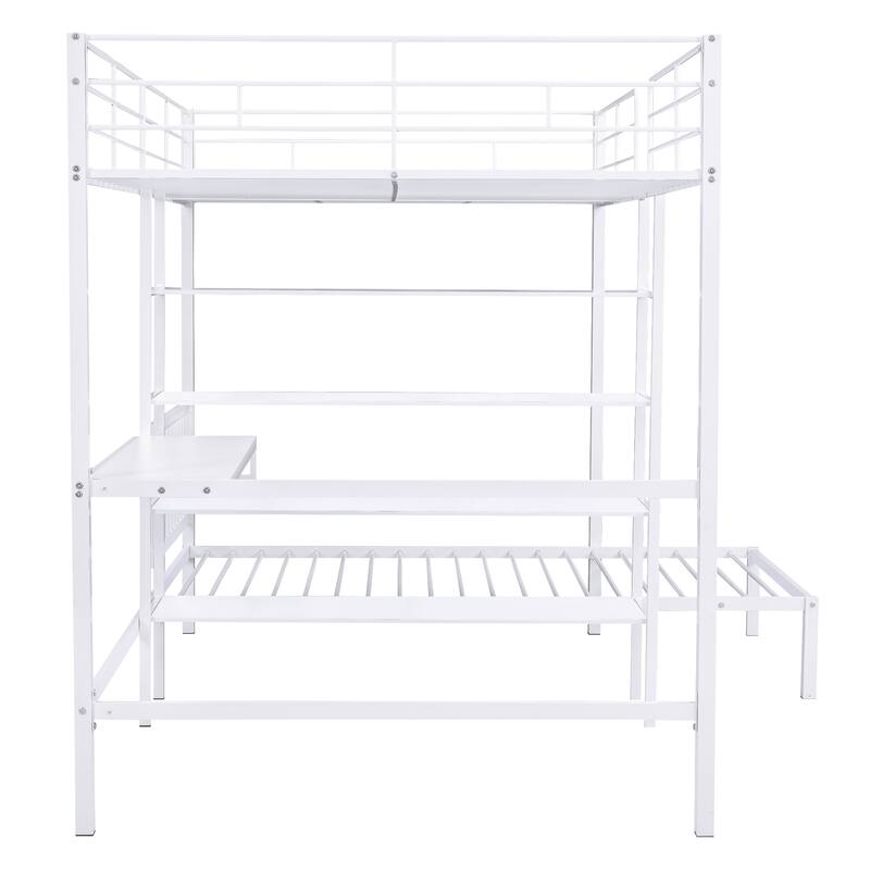 Versatile Full/Twin Bunk Bed with Built-in Desk, Shelves, and Storage - White Metal Frame