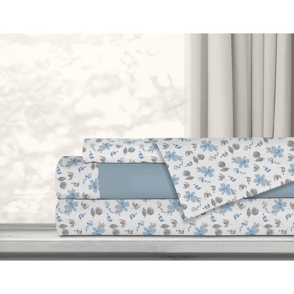 Antibacterial Printed Solid 4 Piece Queen Light Blue Sheet Set Bed