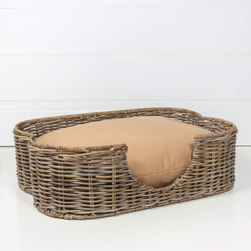 Scallop Tropical Handwoven Rattan Dog Bed with Machine Washable Cushion, Kubu Gray
