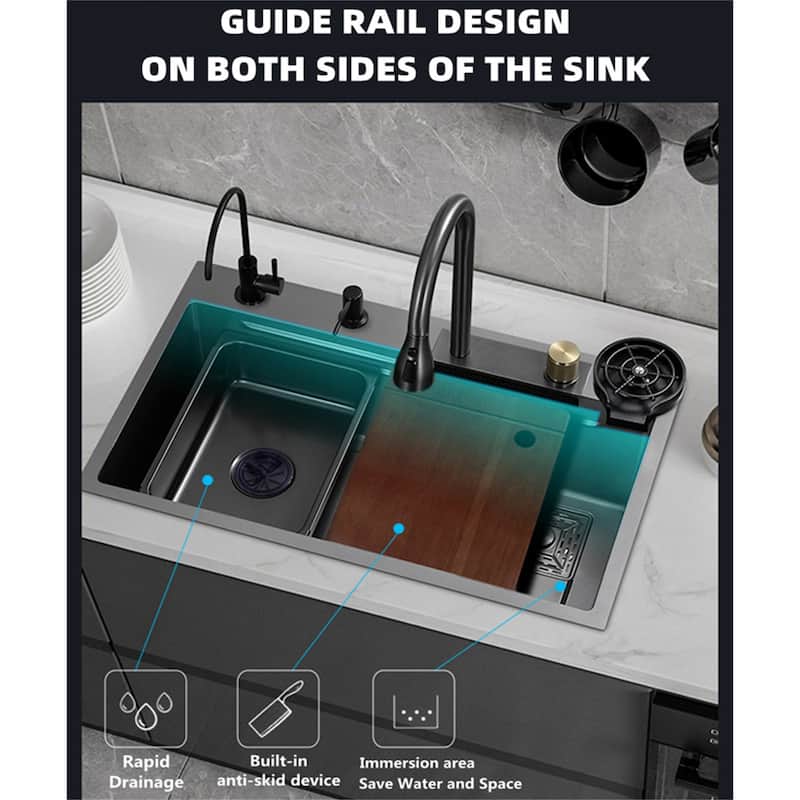 Stainless Steel Drop in Kitchen Sink Waterfall Faucet and Accessories