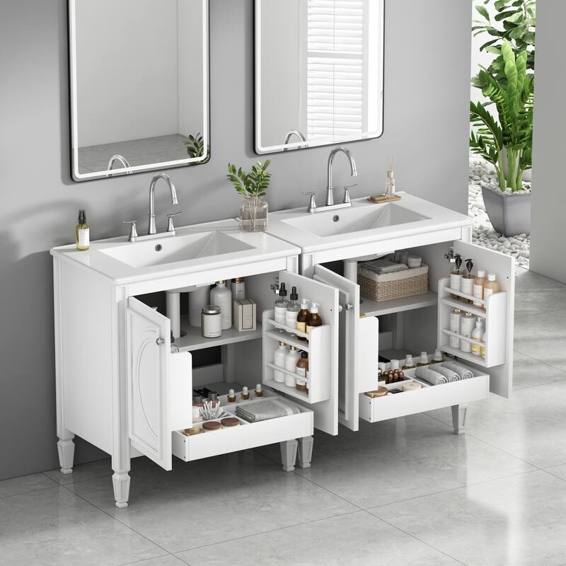 60" Bathroom Vanity with Double Sink Combo Set, Ceramic Sink, Soft Close Doors with Shelf, Storage Drawer
