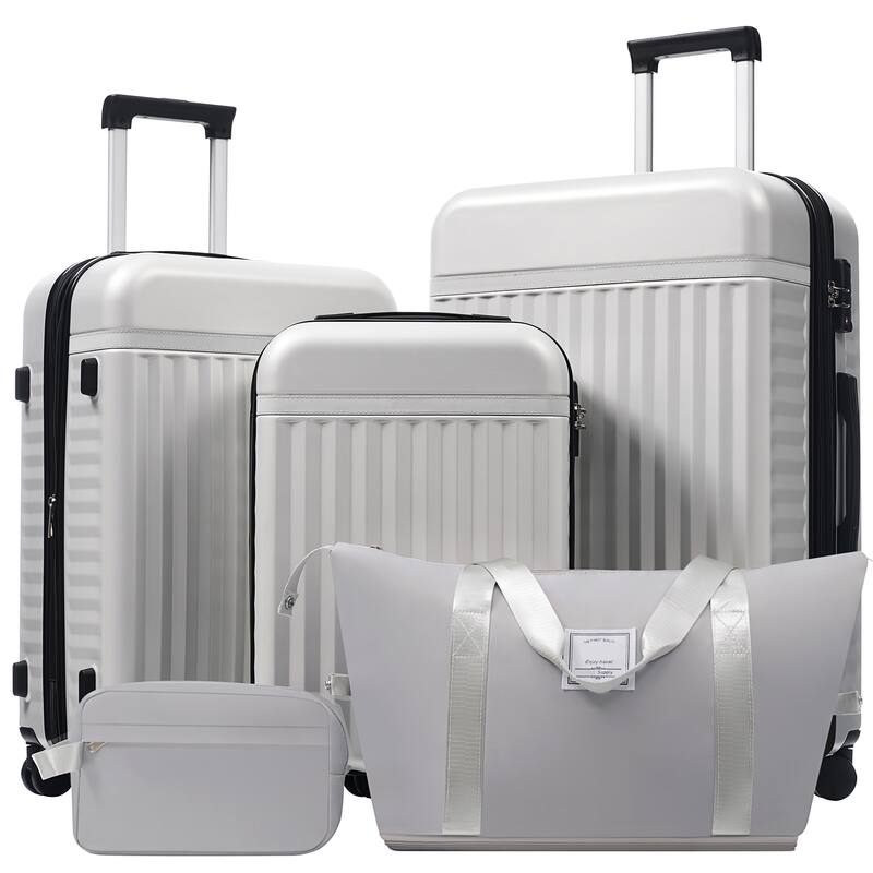 5 Piece Hardshell ABS Luggage Sets with Spinner Wheels and Tsa Lock - Grey+White
