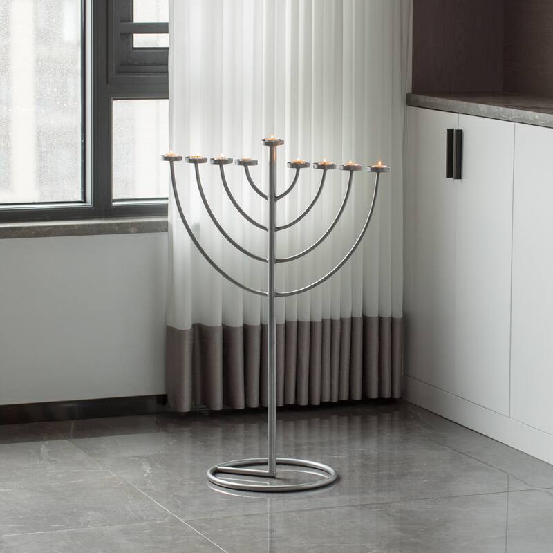 Silver 9 Branch Thin Pipe Hanukkah Menorah, Metal-Aluminum