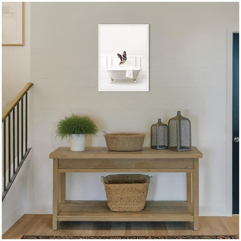Kate and Laurel Sylvie French Bulldog in White Bathtub Framed Canvas by Amy Peterson