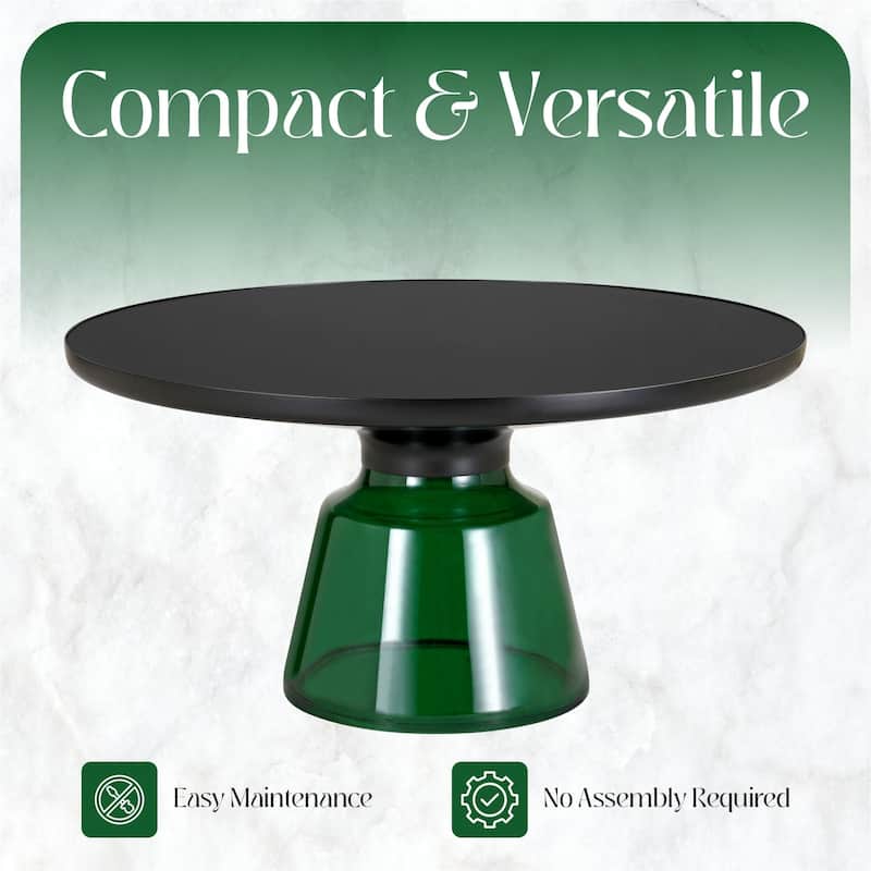 30-Inch Round Coffee Table Glass/Stone Tabletop with Black Iron Rim Frame Glass Pedestal Base