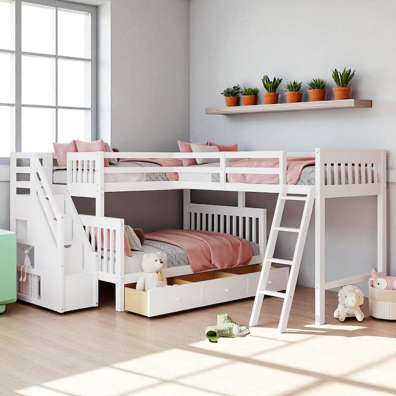 Twin Over Full L-Shaped Bunk Bed with Staircase, Storage Drawers and Shelves, Wood Frame for Kids or Teens - White - Full