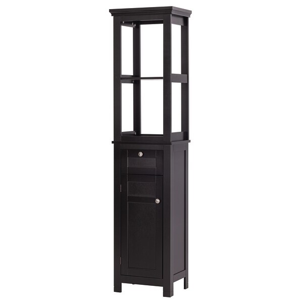 Spirich Home Bathroom Freestanding Storage Cabinet with Two Tier Open Shelves Tall Slim Tower with Door and Drawer White Painted Espresso